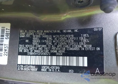 2007 Toyota Tundra Sr5 5.7L V8 from USA, damaged, VIN 5TBBV54137S490573